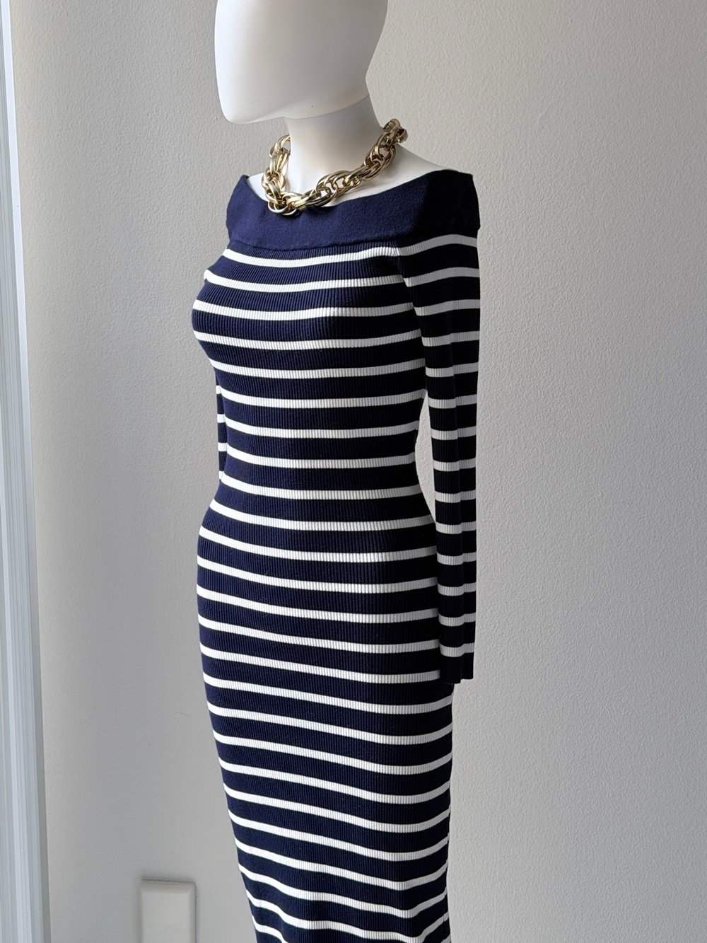 Caroline Constas Navy and White Off-Shoulder Striped Knit Dress
